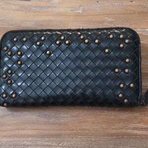 Authentic Bottega Veneta Black Intrecciato Studded Zip-Around Long Wallet